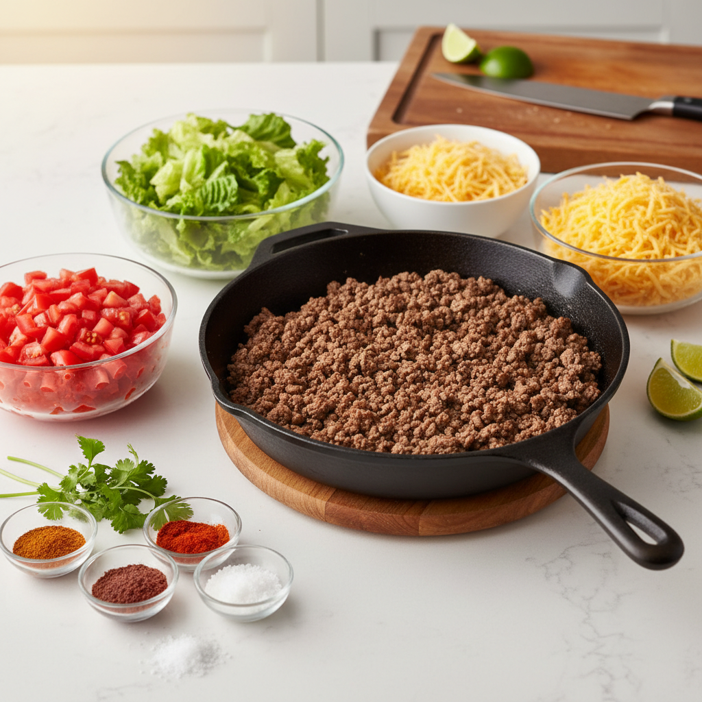 Skillet ground beef taco bowl ingredients on a kitchen counter