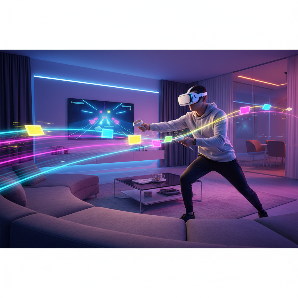 VR player enjoying a rhythm game with neon blocks and motion trails