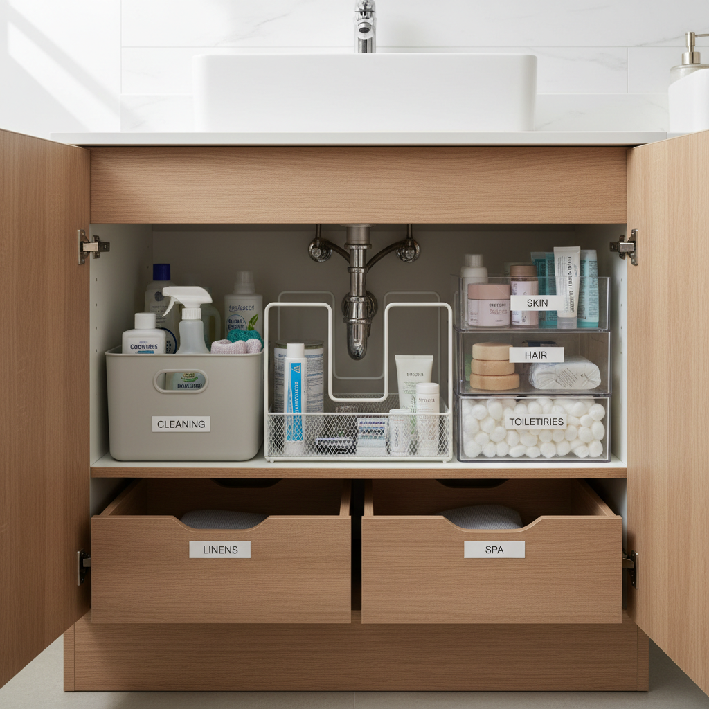 Under-sink storage zones with labeled bins and pull-out drawers