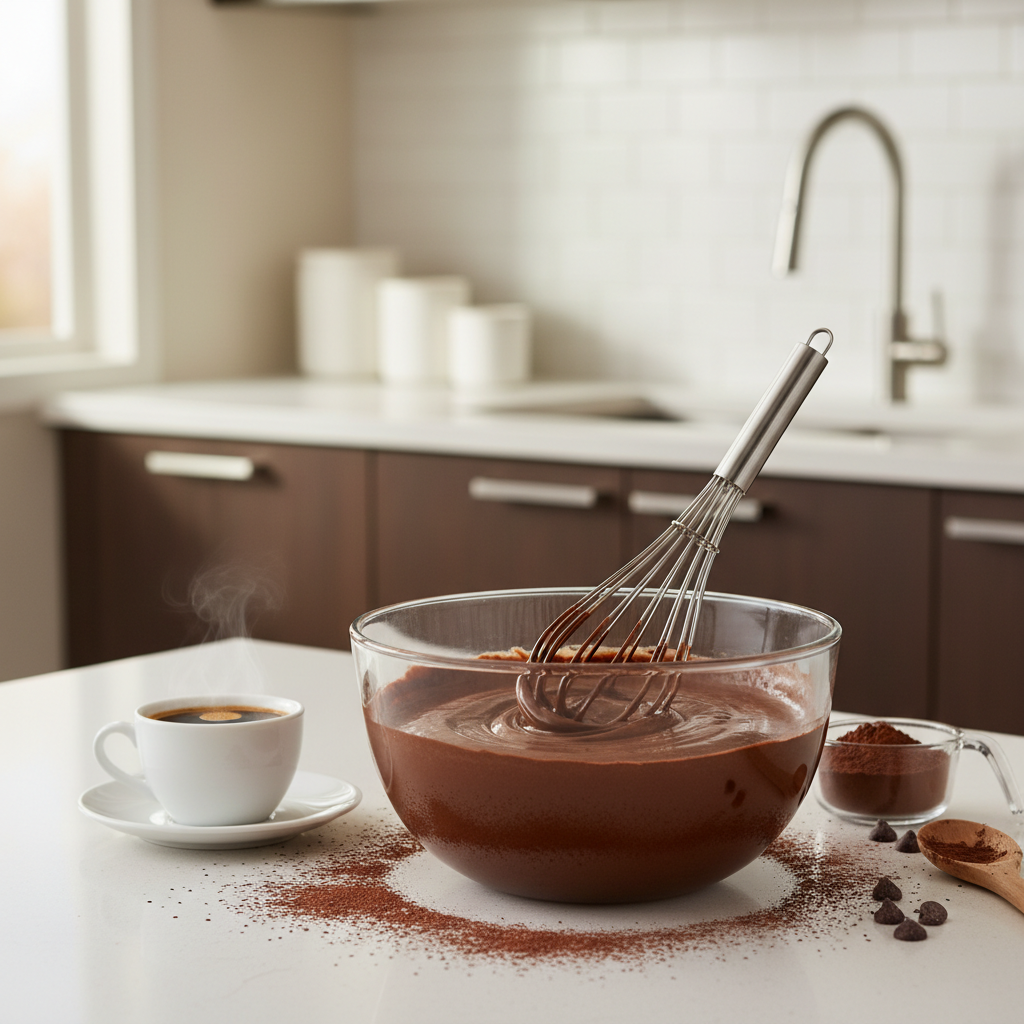 Chocolate cake batter being mixed in a bowl with cocoa and coffee