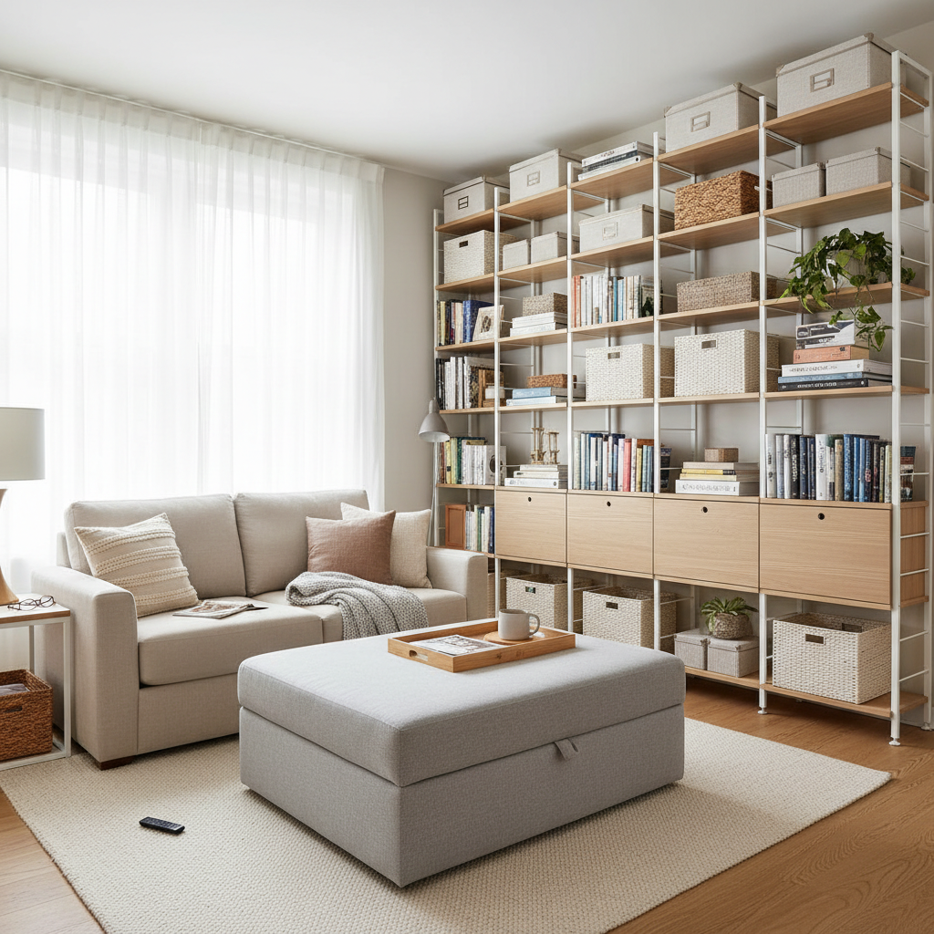 Small apartment living room with vertical storage shelves and hidden storage furniture