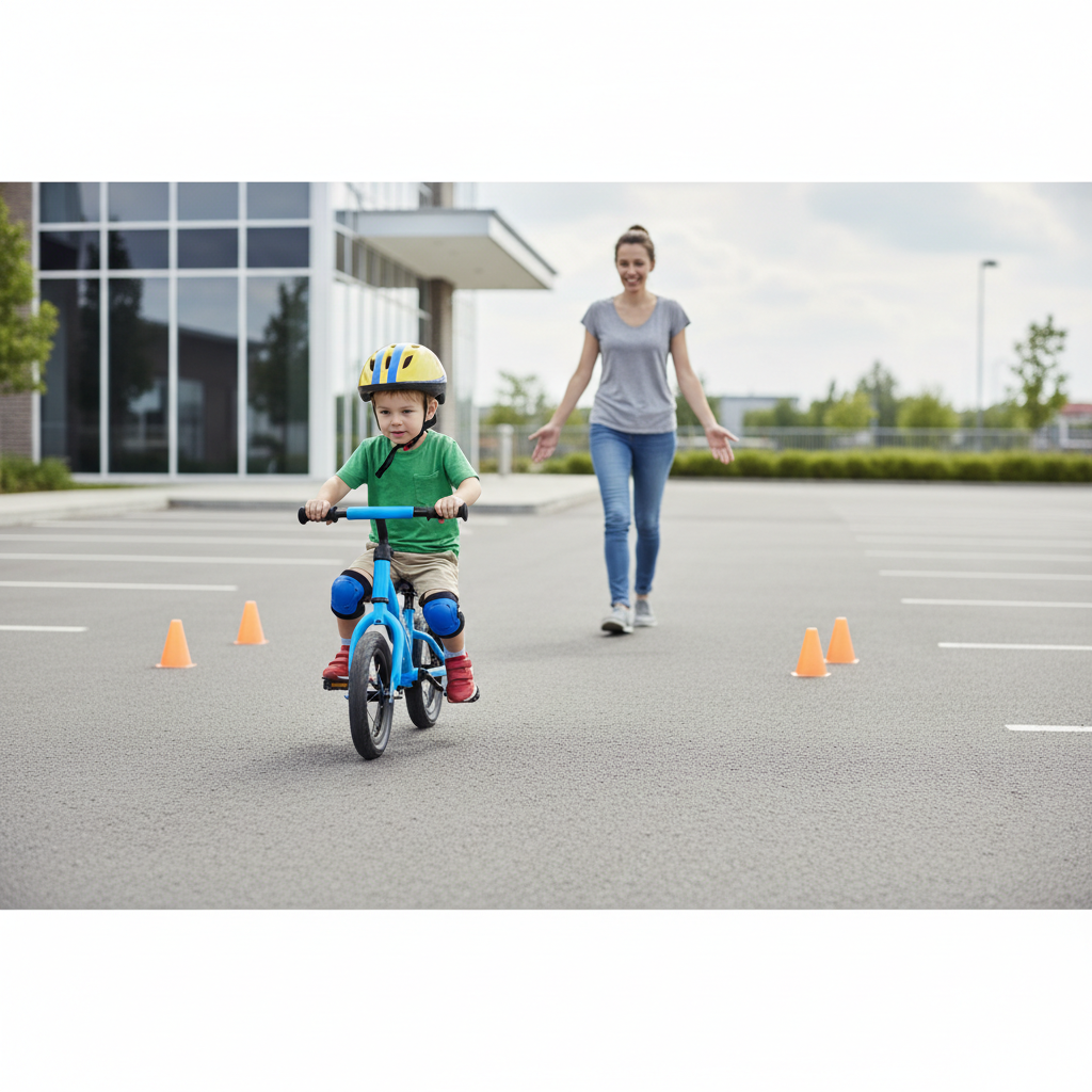 Child practicing first pedal strokes on a small bicycle in an empty parking lot with cones