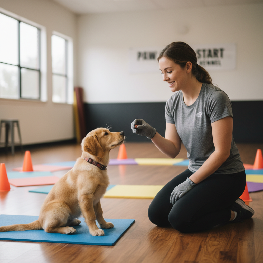 Puppy socialization in a controlled setting with treats and calm body language