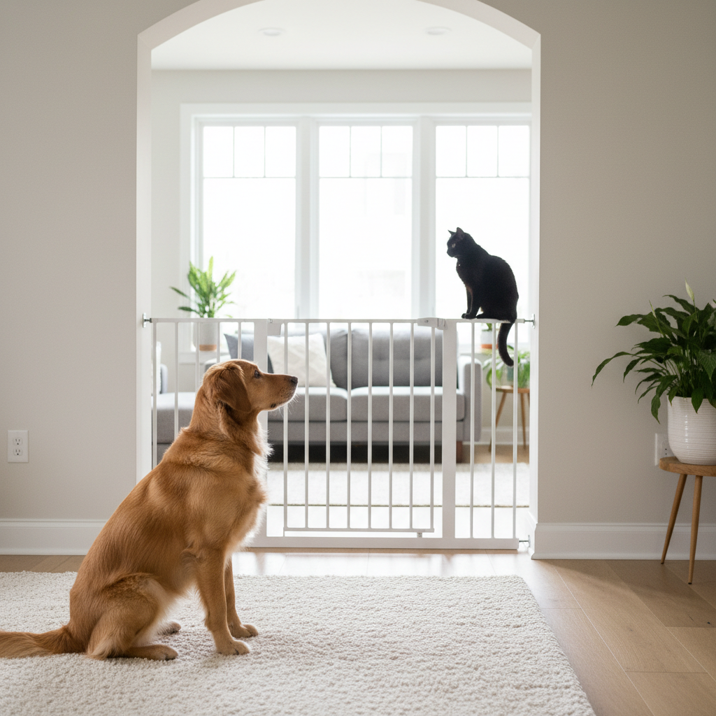 Dog staring at a cat behind a baby gate in a home