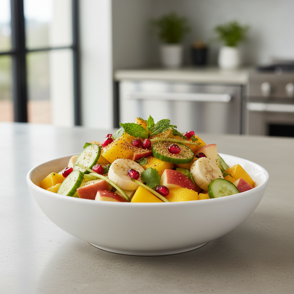 Fresh fruit chaat bowl with colorful fruits and spice sprinkle
