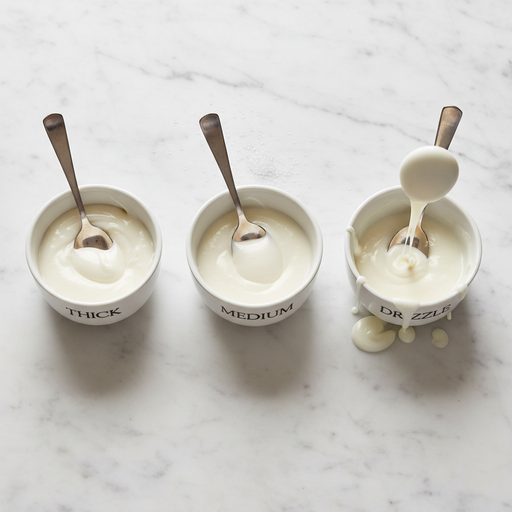 Icing consistency comparison from thick to drizzle for cake glaze