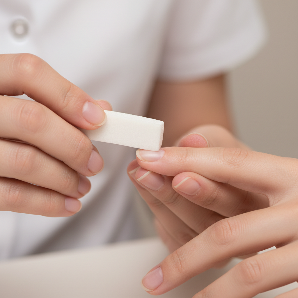 Close-up of gentle cuticle prep and nail buffing before press-ons