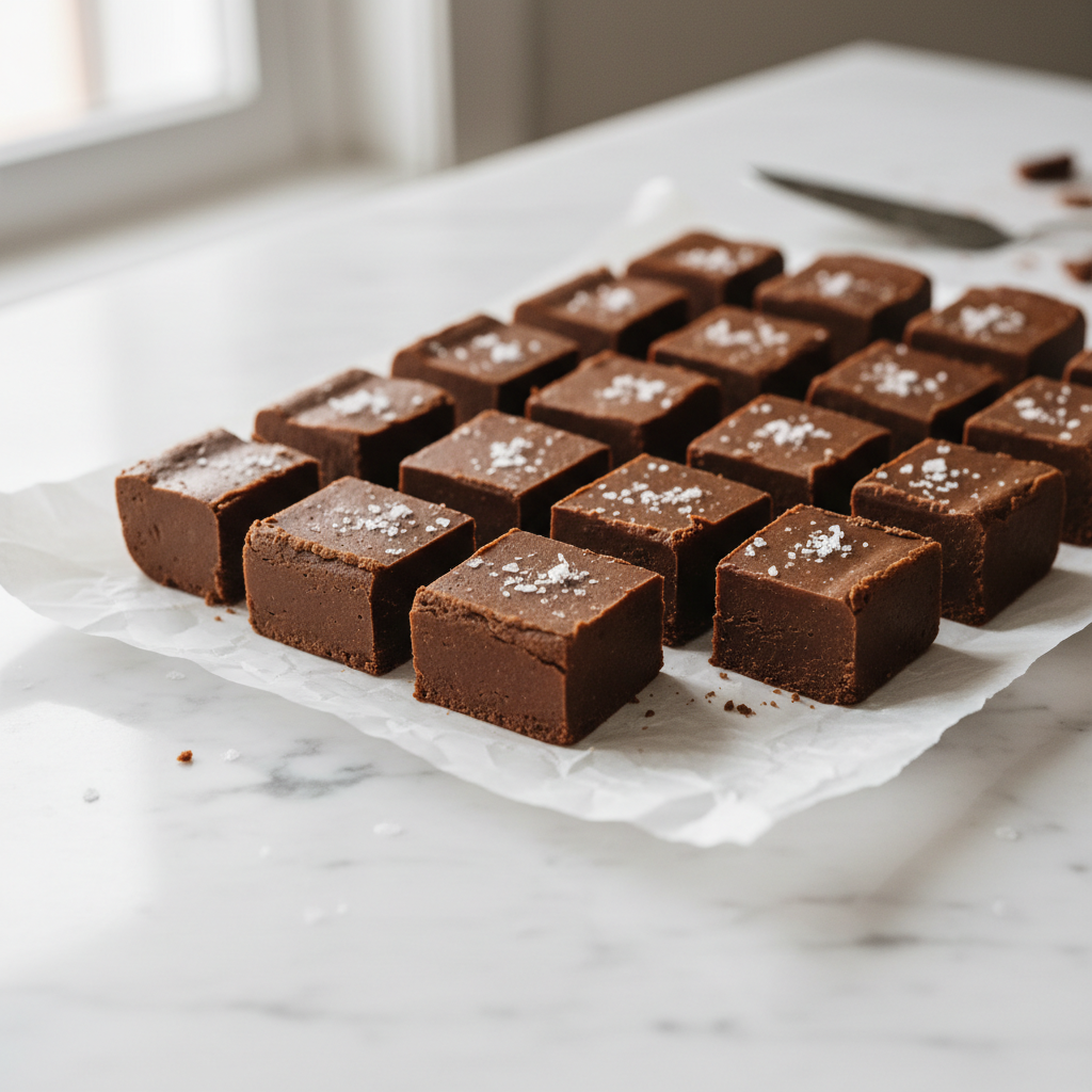 Creamy chocolate fudge squares on parchment with flaky salt