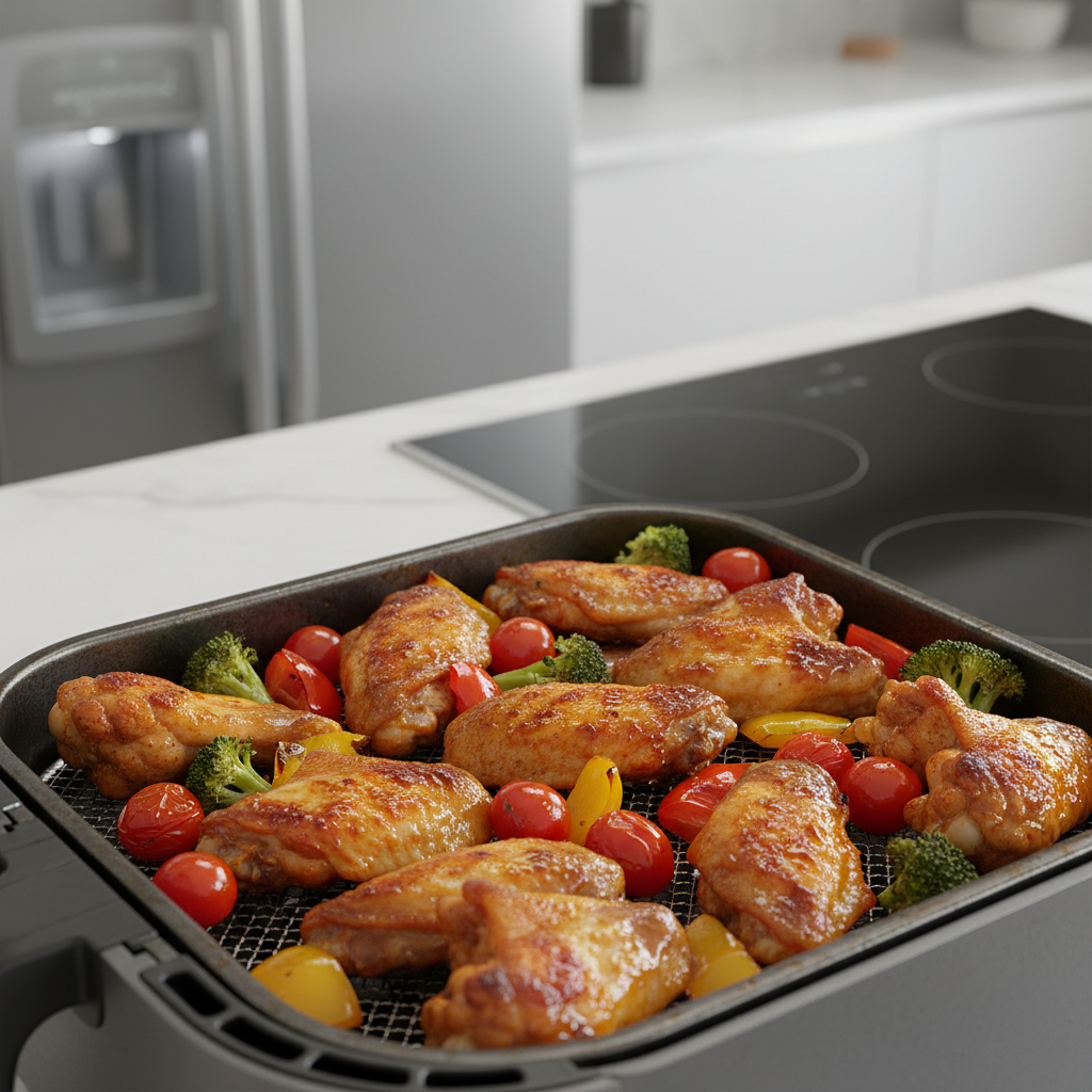 Air fryer basket showing properly spaced food for good airflow