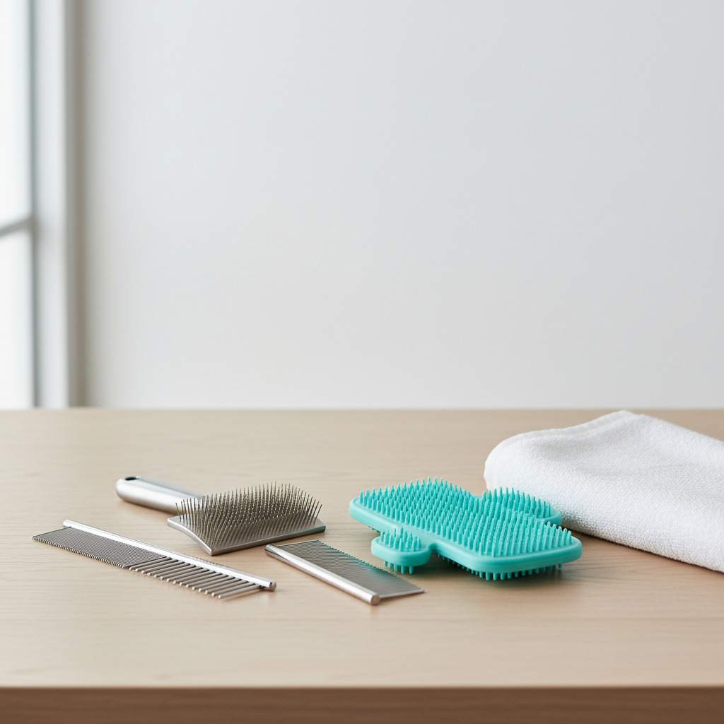 Cat grooming tools for shedding control including slicker brush and comb on a clean surface