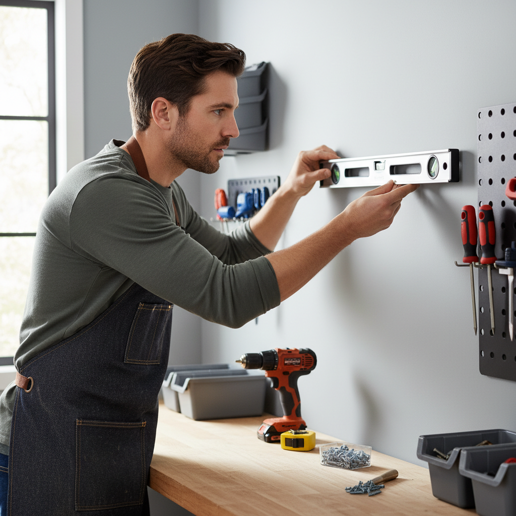 Using a level while installing a magnetic tool strip on a garage wall