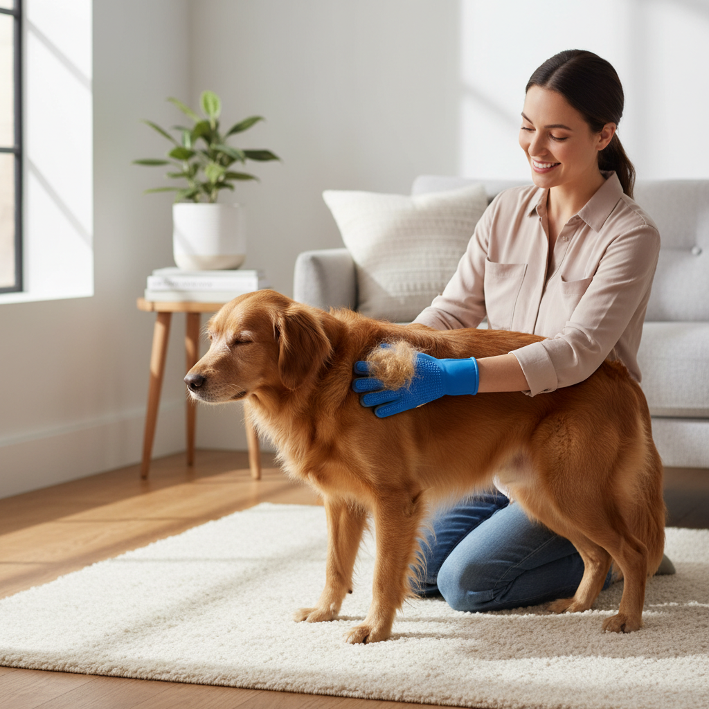 Pet grooming glove removing loose fur from a dog coat at home