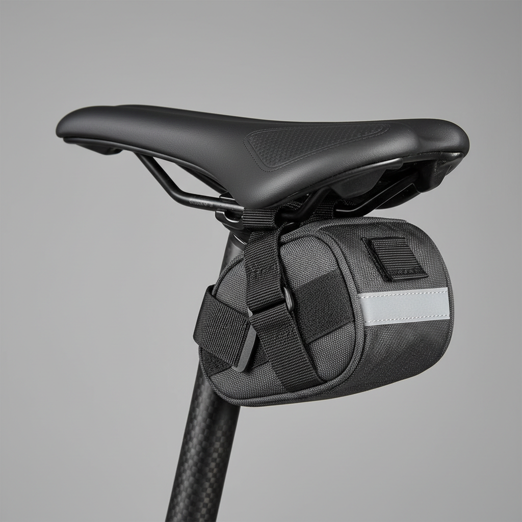 Close-up of saddle bag mounting straps and seat rail attachment points