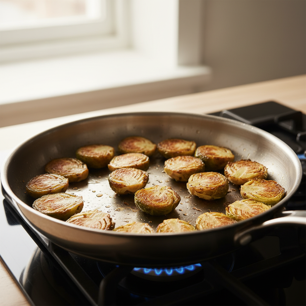 Crispy Brussels sprouts searing cut-side down in a skillet