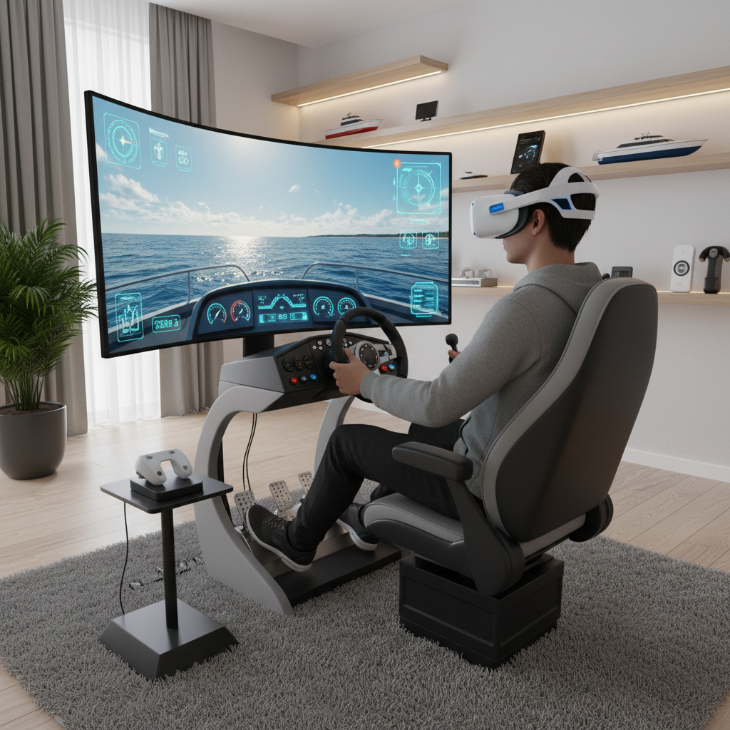 VR boat simulator cockpit view with ocean and controls