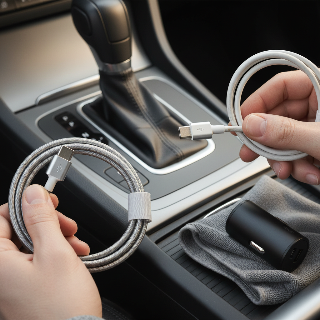 Checking iPhone charging cable and car charger ports for wear and debris