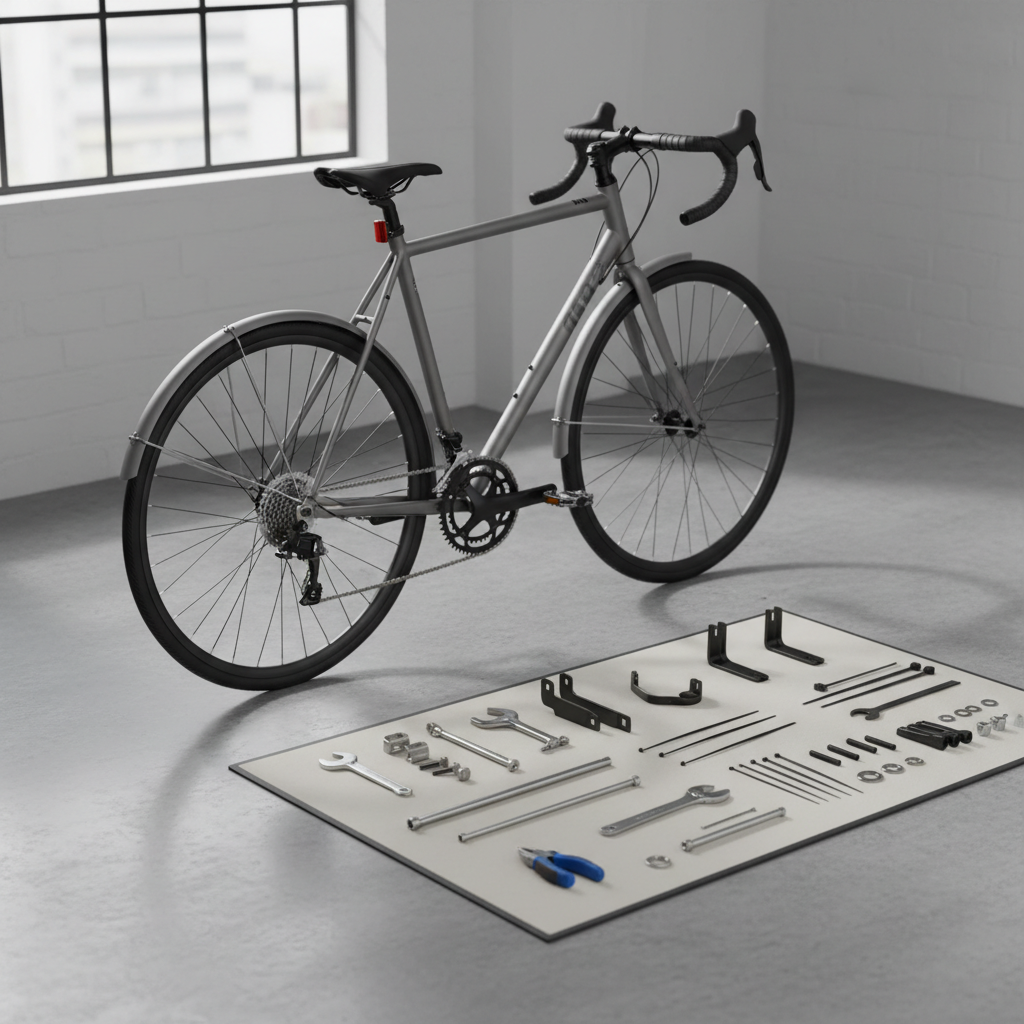 Bike fender installation setup with tools and hardware laid out