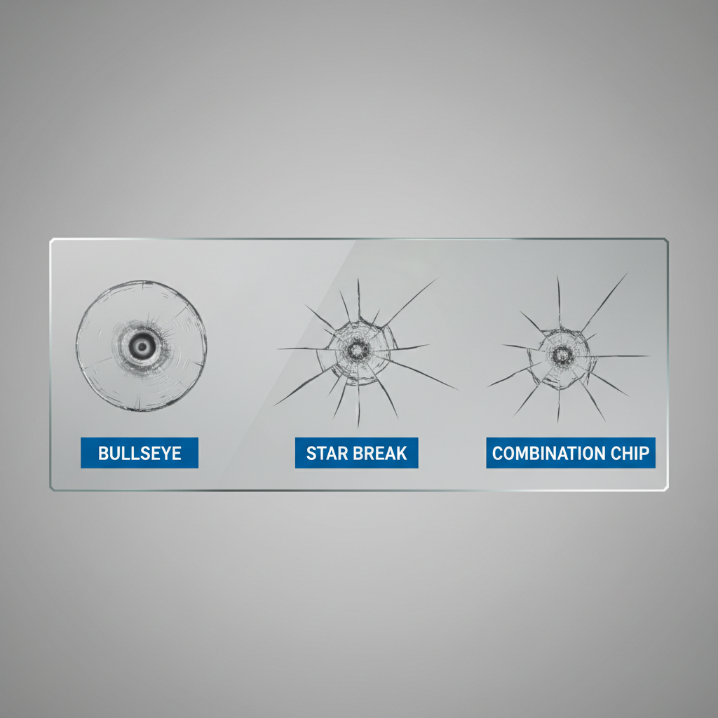 Different windshield chip types: bullseye, star break, and combination chip diagram