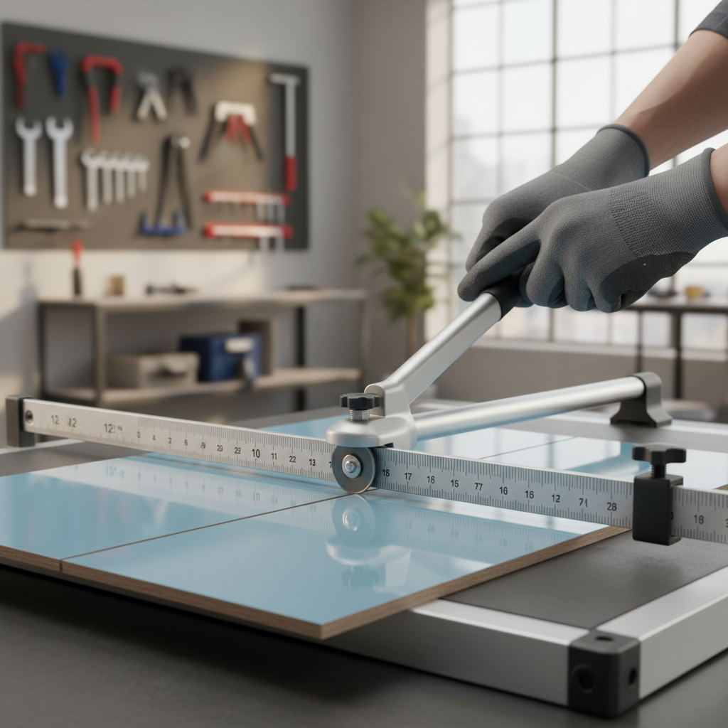 Close-up of scoring a ceramic tile on a manual score-and-snap tile cutter