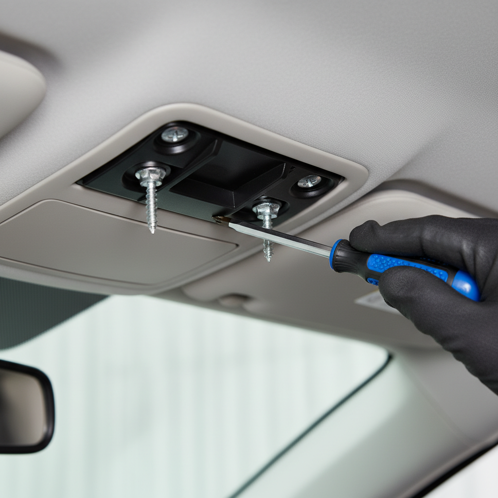 Screwdriver tightening sun visor mounting screws near headliner