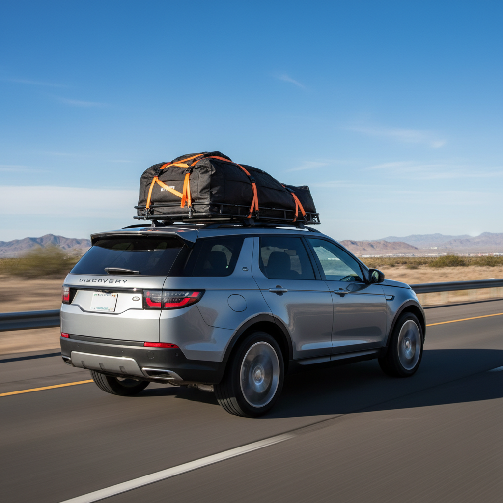 SUV with roof top luggage rack and cargo bag on highway road trip