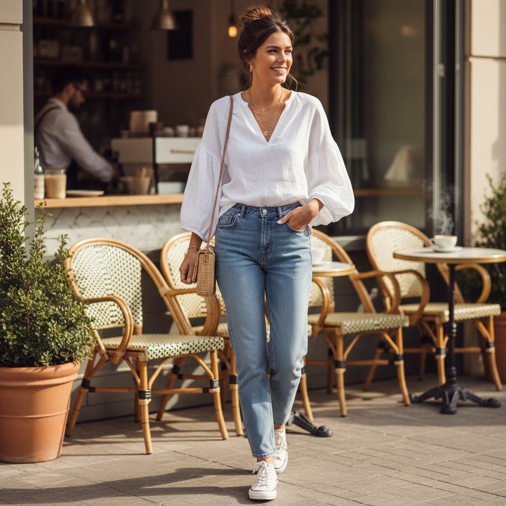 Cute casual brunch outfit with denim, blouse, and comfortable shoes