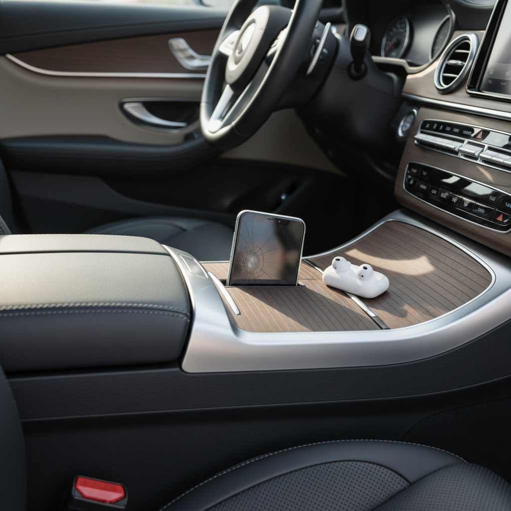 Car seat gap next to center console with phone slipping into gap