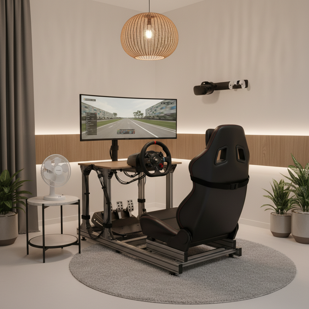 Comfort-focused VR sim racing setup with fan and seated play space for reduced motion sickness