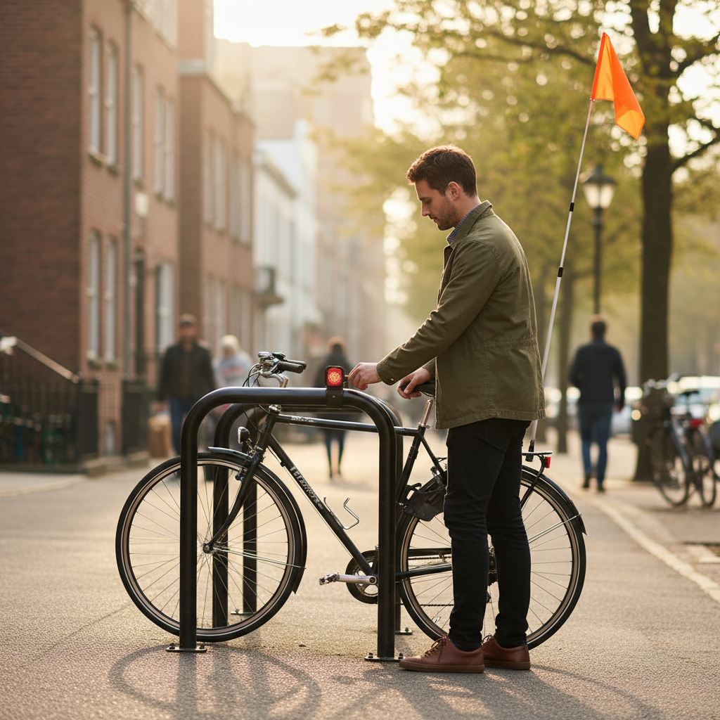 Rider adjusting a tall bike safety flag and rear light before a commute