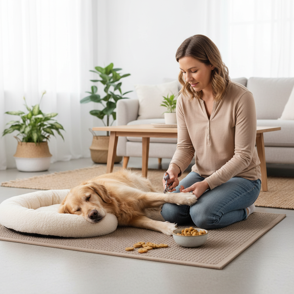 Dog owner trimming nails calmly with treats and good lighting