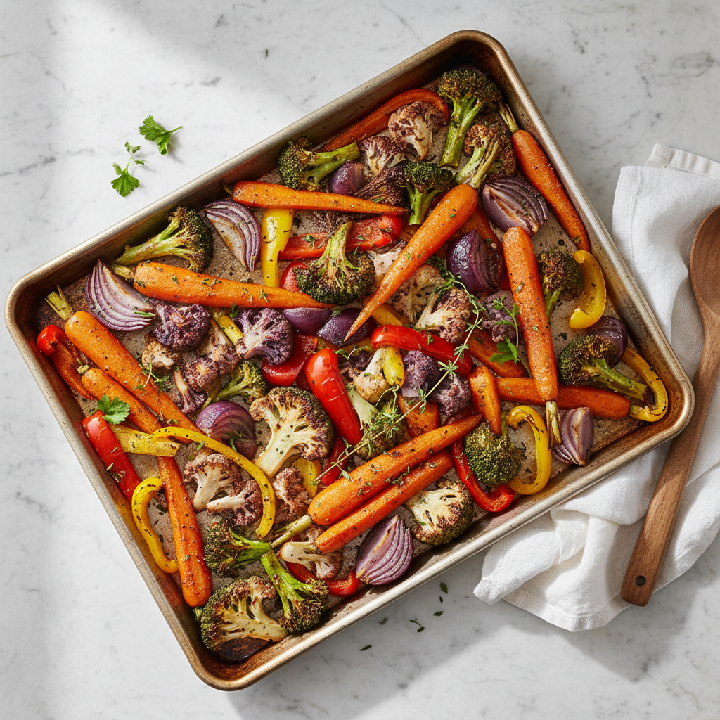 Sheet pan of colorful roasted vegetables with browned edges