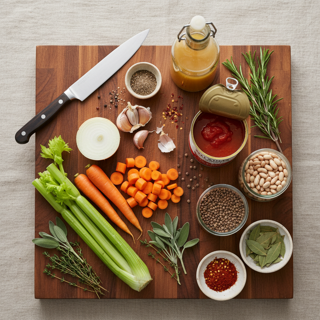 Ingredient lineup for winter soup including carrots, onions, celery, beans, and herbs