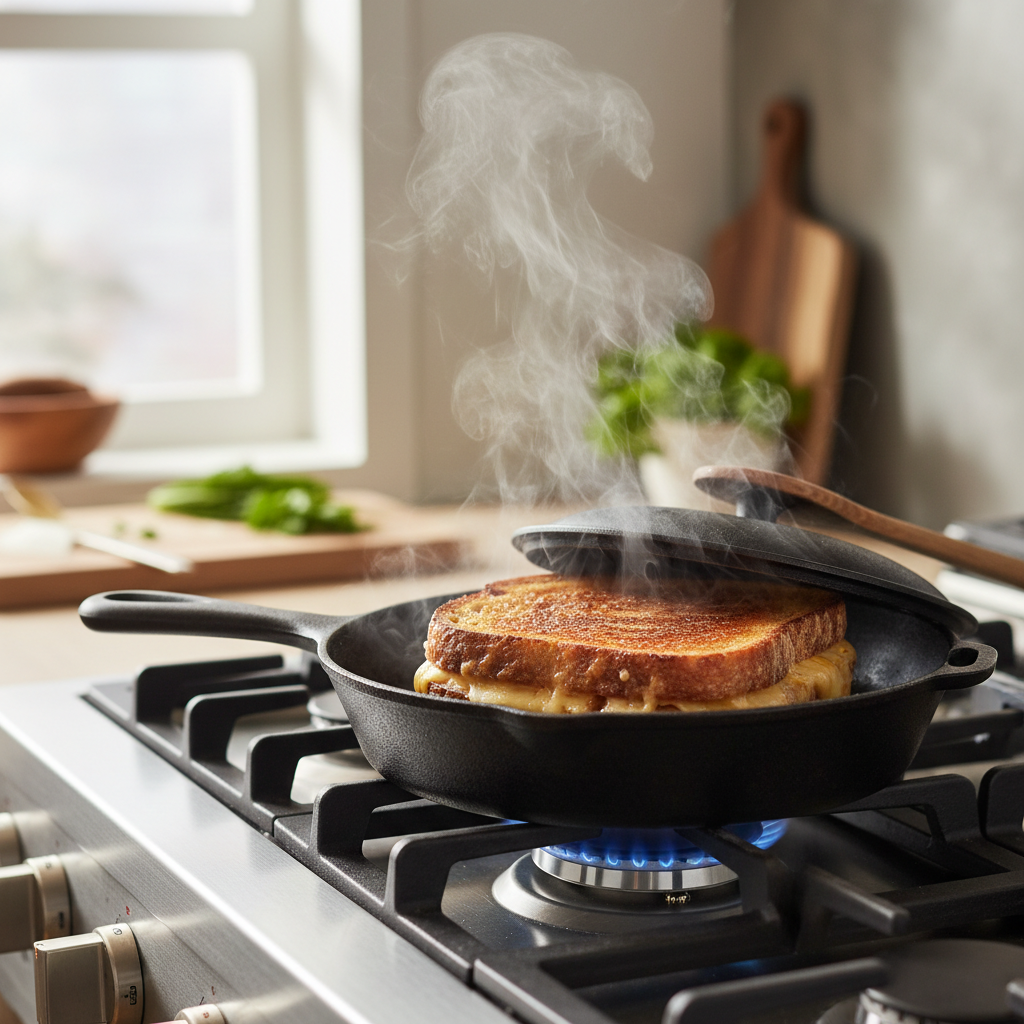 Grilled cheese cooking in skillet with lid slightly ajar for melting