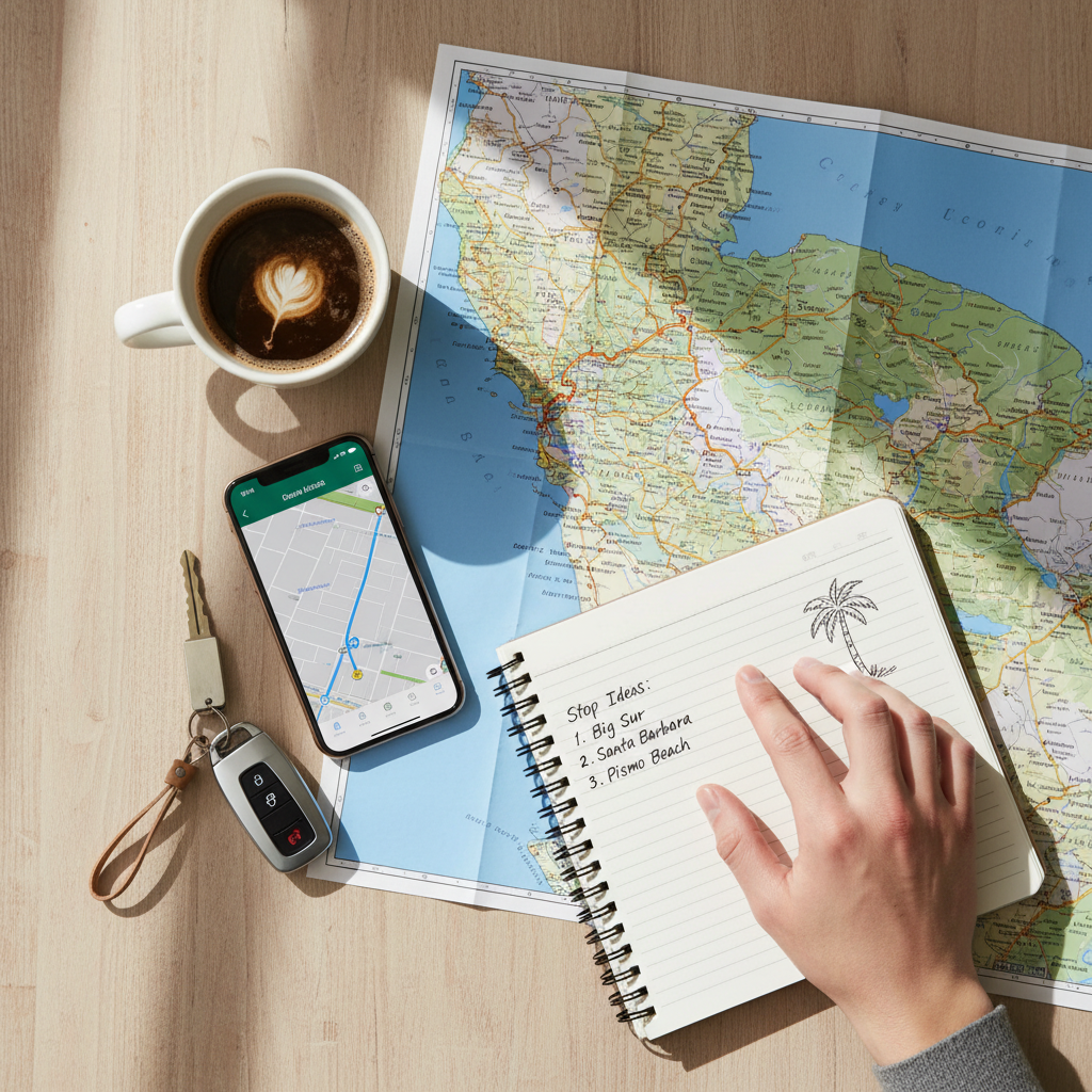 Road trip planning with map, coffee, and route notes