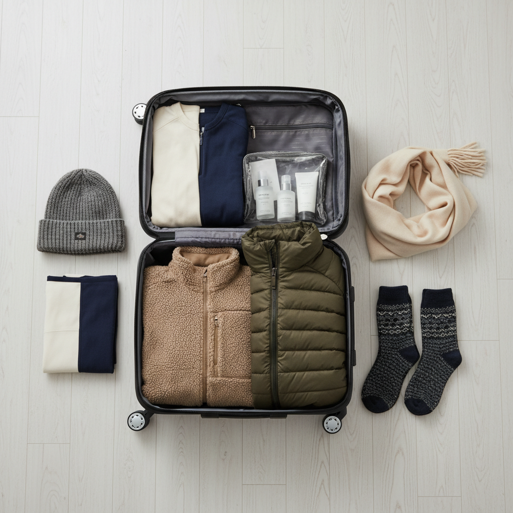 Carry-on winter travel packing layout with layers and accessories