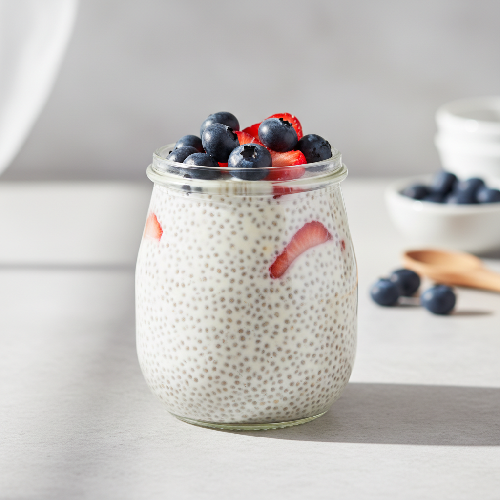Creamy vanilla chia pudding in a glass jar with berries for an easy healthy breakfast