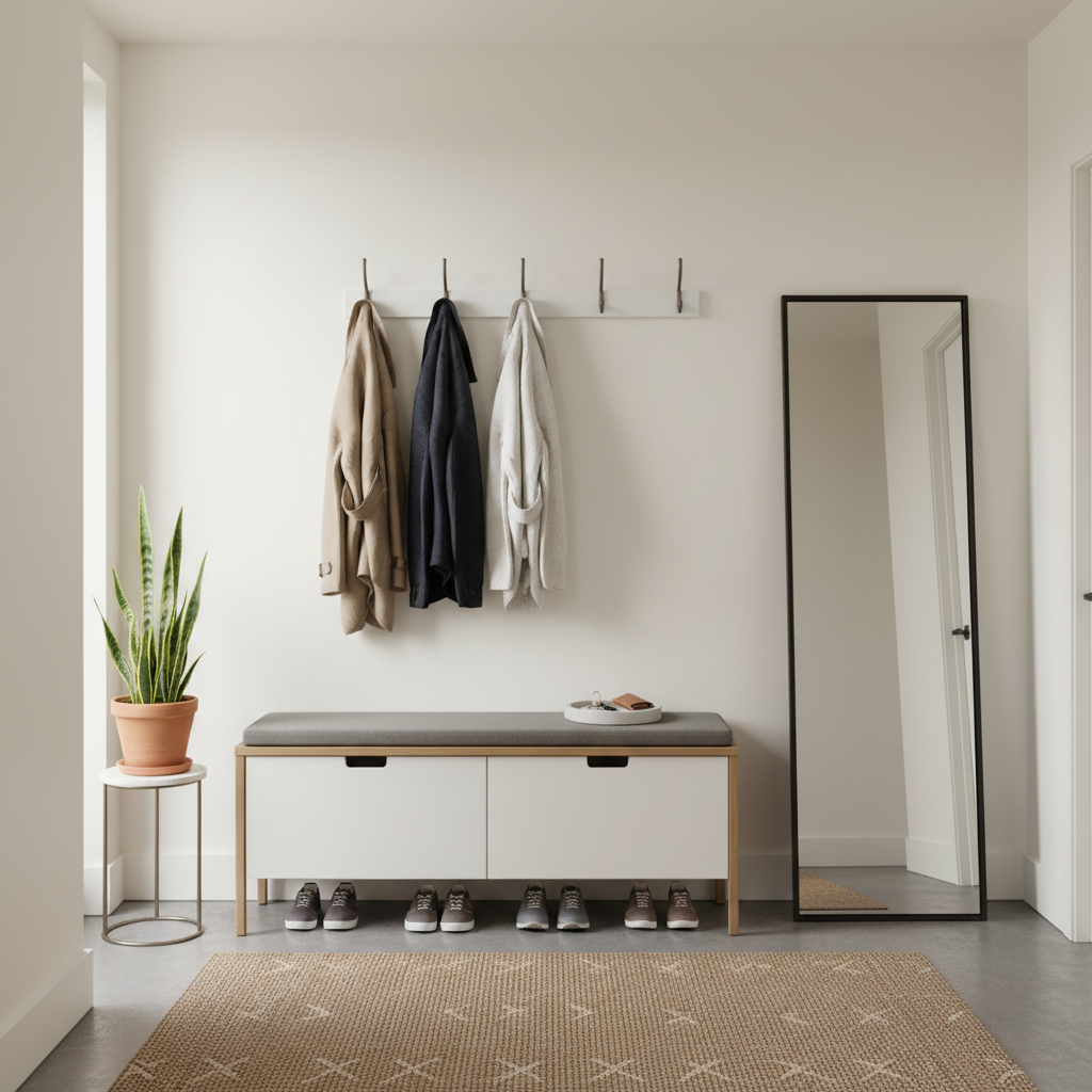 Small entryway organized with wall hooks, slim bench, and shoe storage