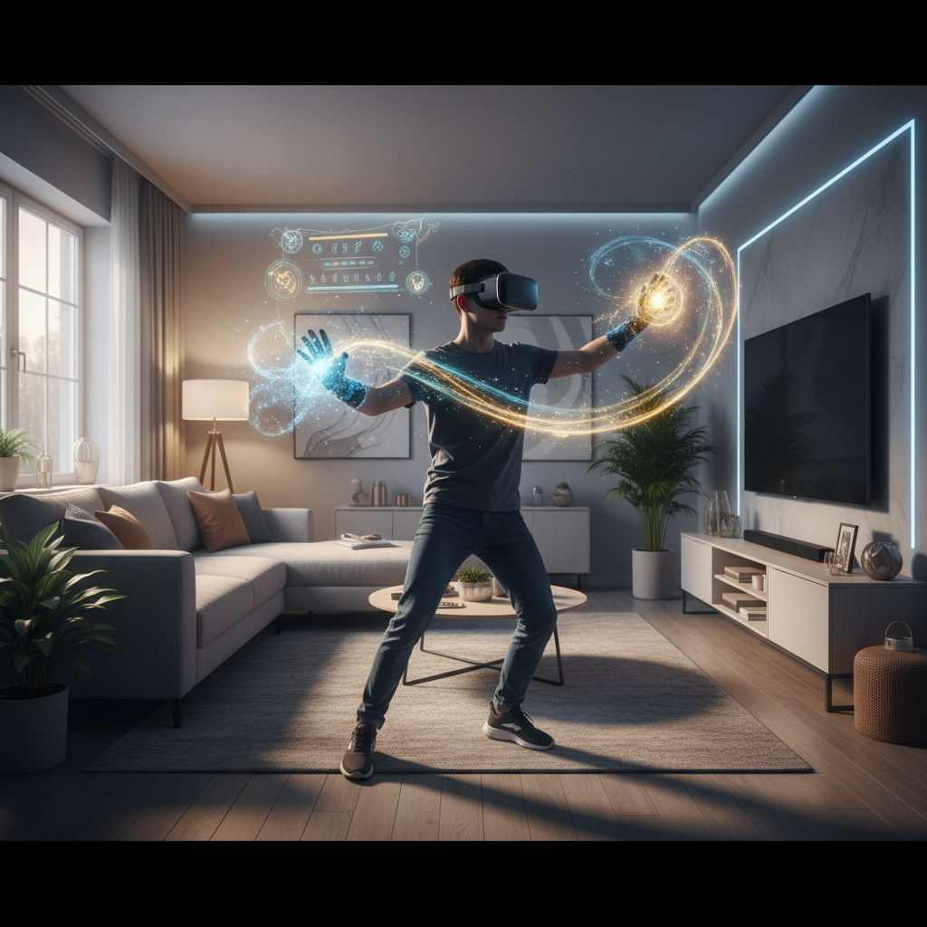 VR player casting magic spells in a fantasy arena