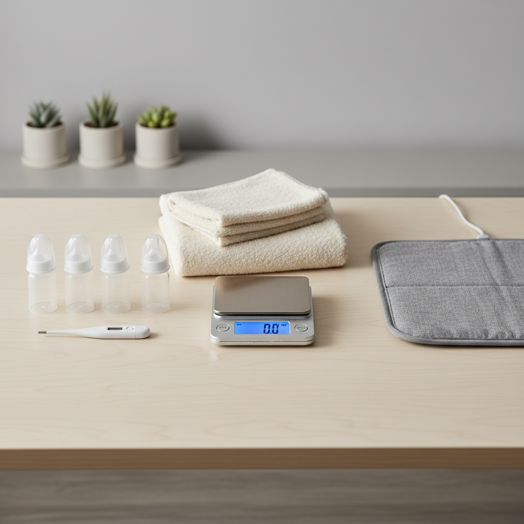 Orphaned kitten care setup with scale bottles and warming pad