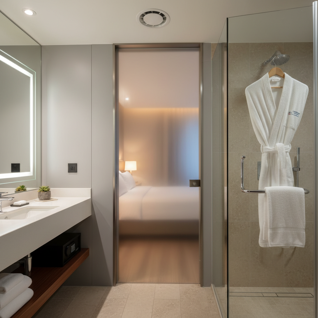 Hotel bathroom laundry drying with door open and fan running safely