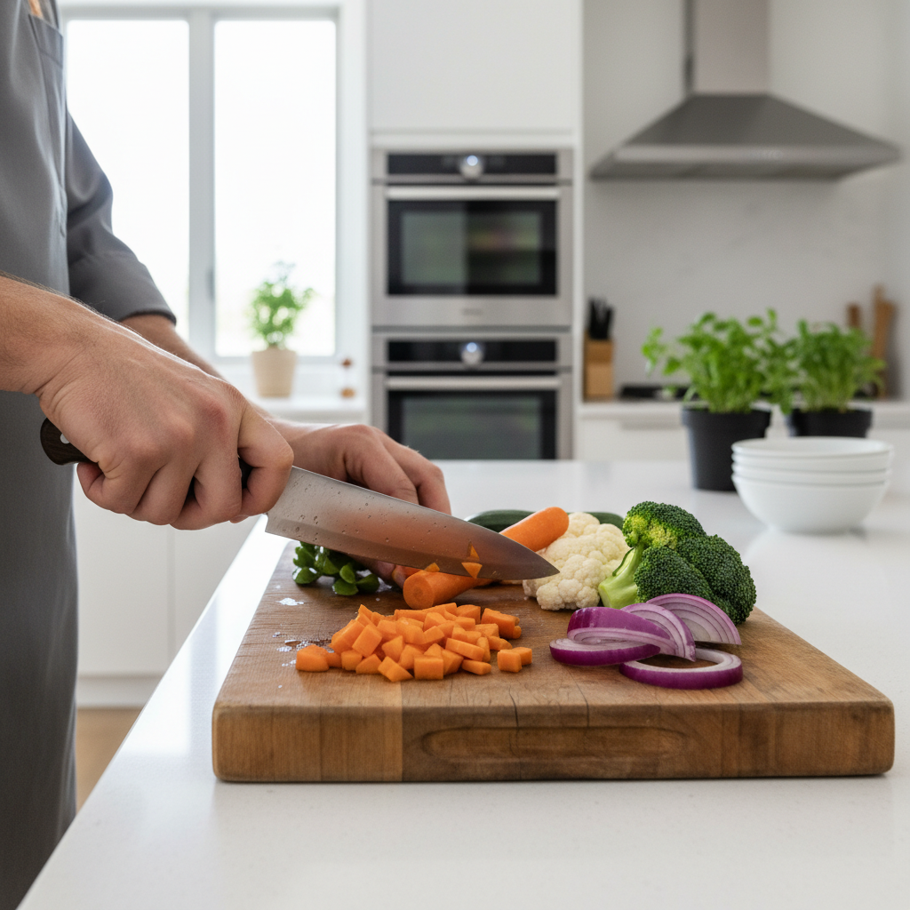 Hands cutting vegetables into evenly sized pieces for roasting