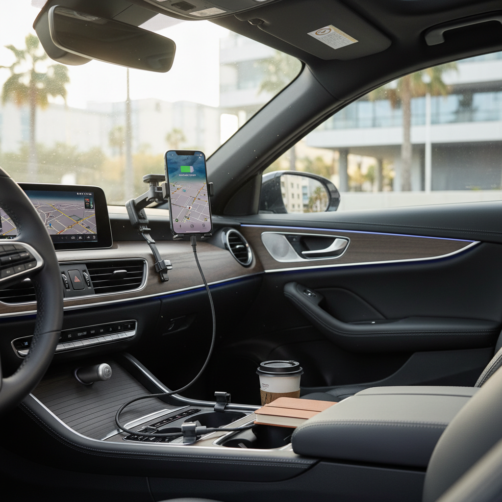 Driver using a flush-fit USB-C PD car charger with tidy cable management