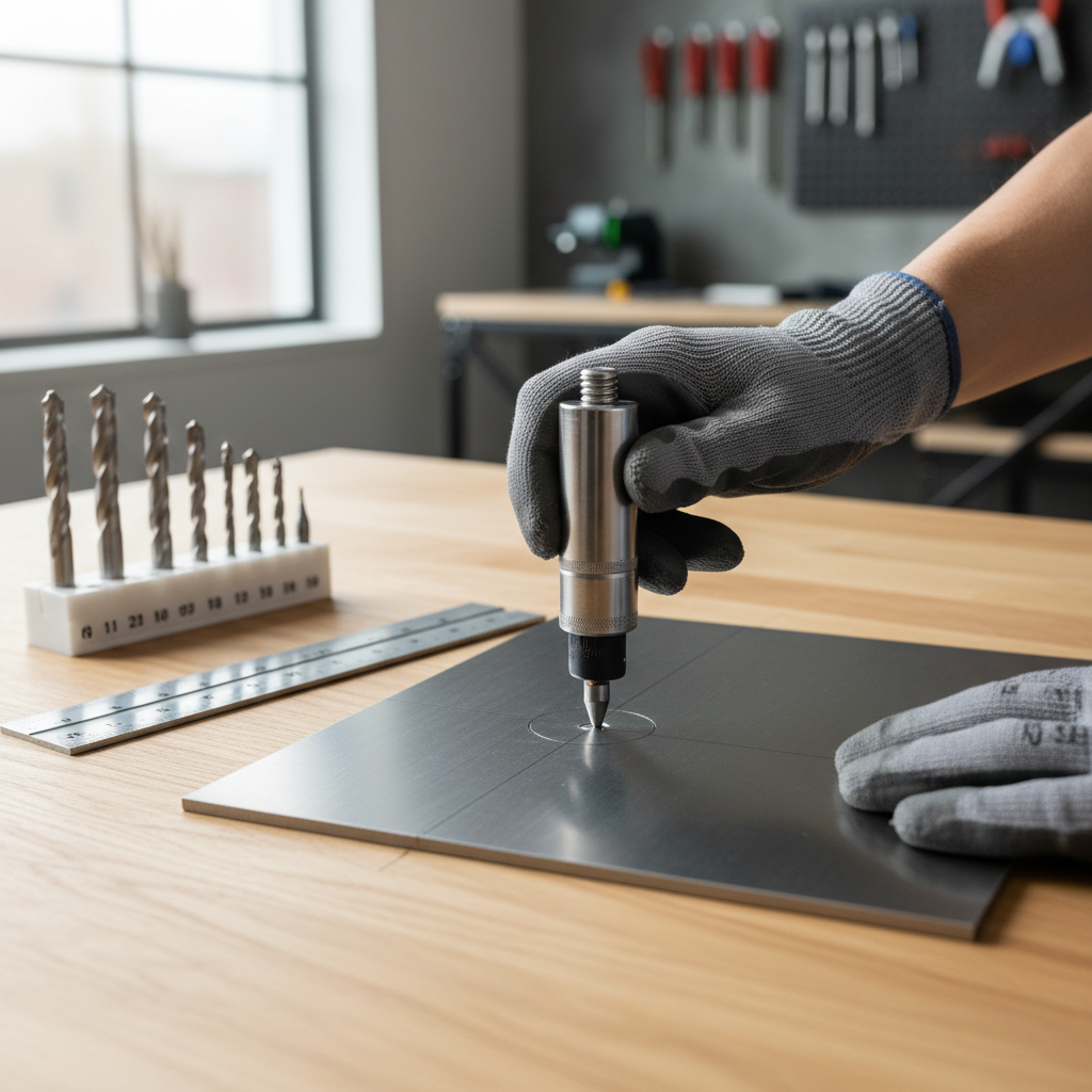 Center punch marking a steel plate before drilling