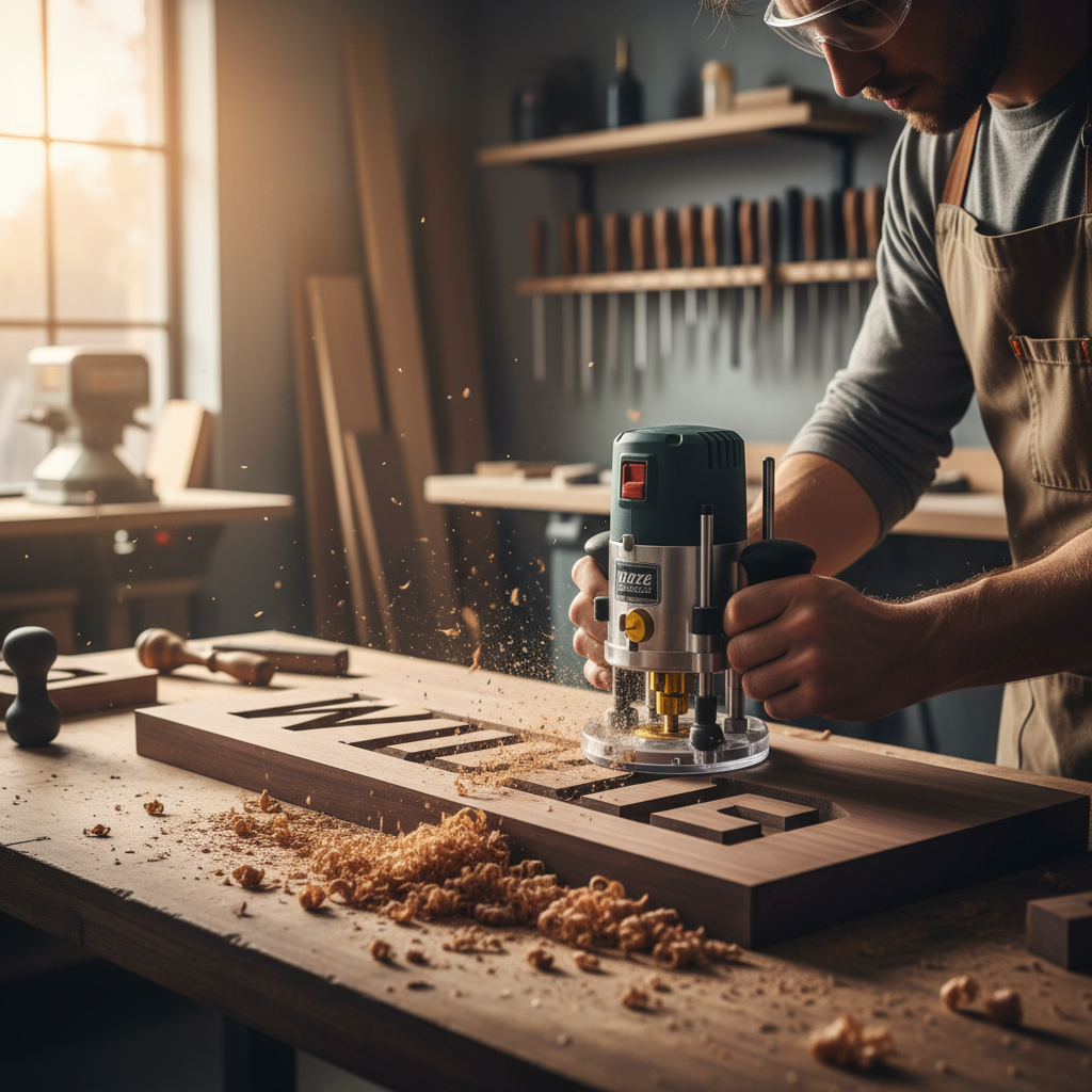 Woodworker routing letters on a wooden sign with a handheld router