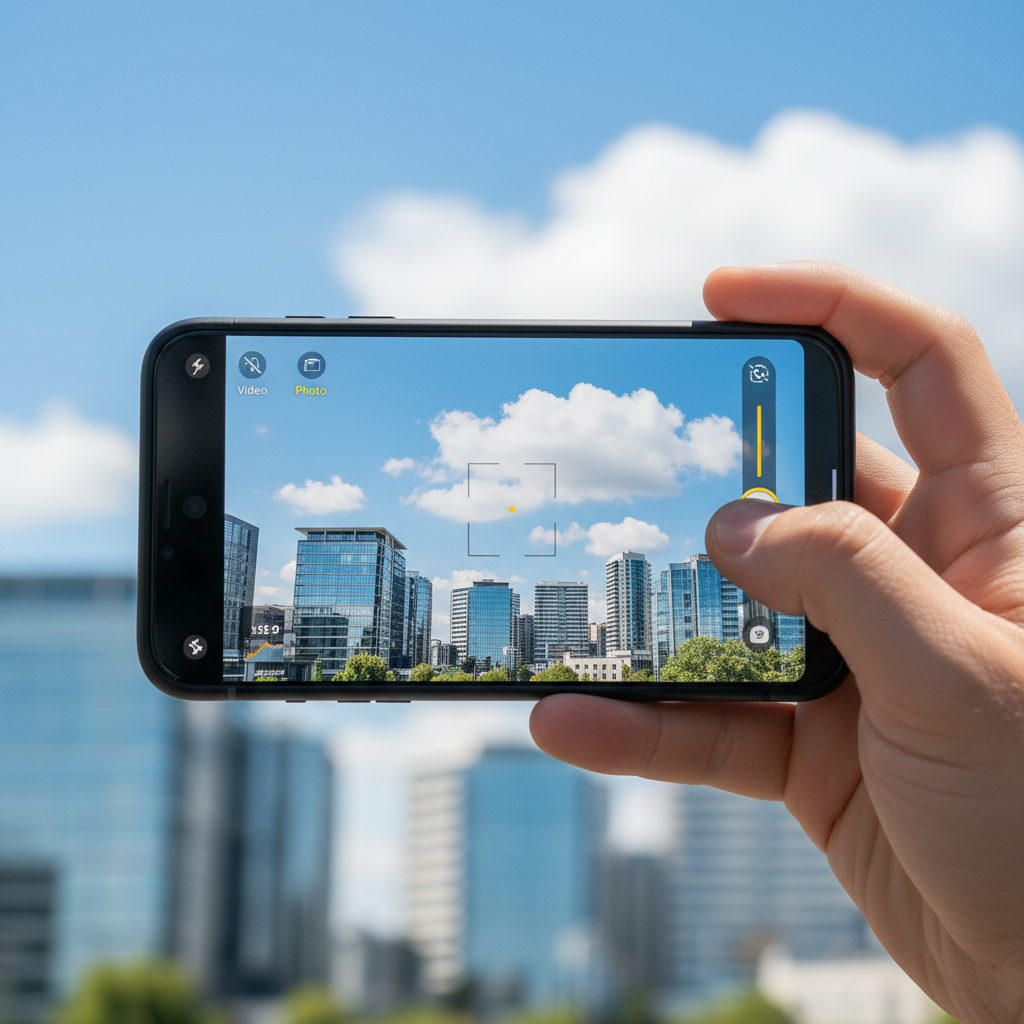 Smartphone camera screen showing exposure adjustment on a bright travel scene