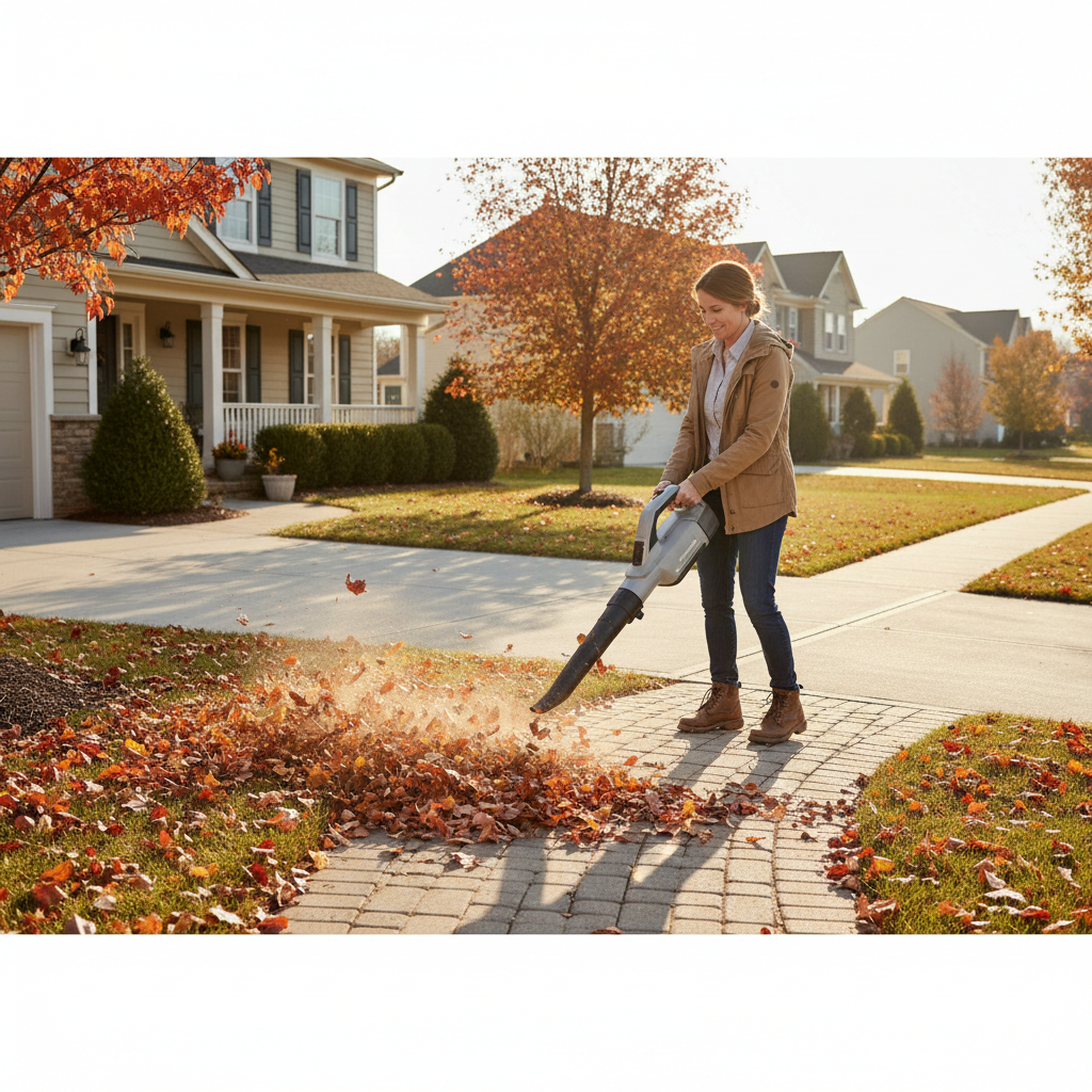 Cordless leaf blower clearing dry leaves from a suburban yard walkway