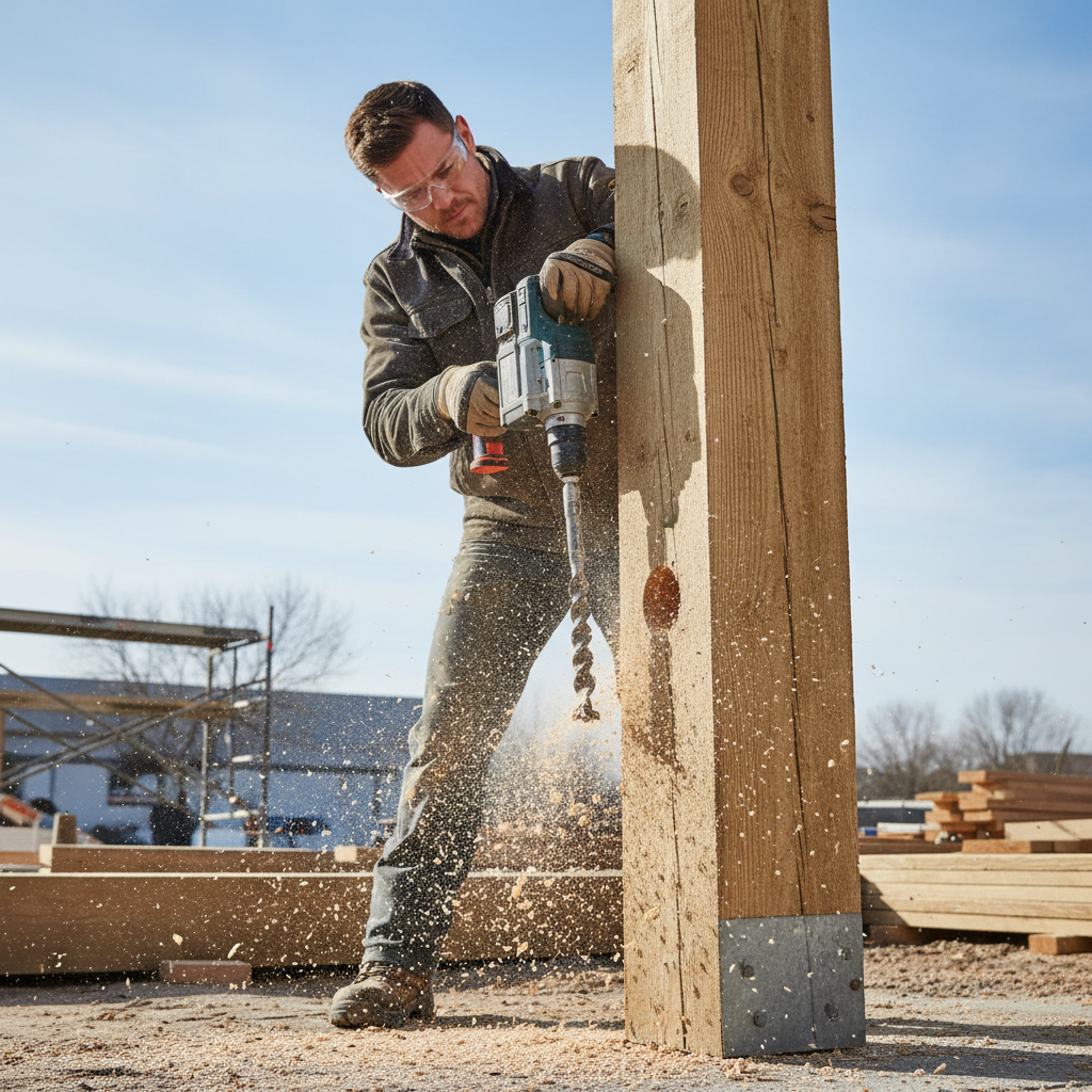 Drilling a straight bolt hole through a 6x6 wood post with a ship auger