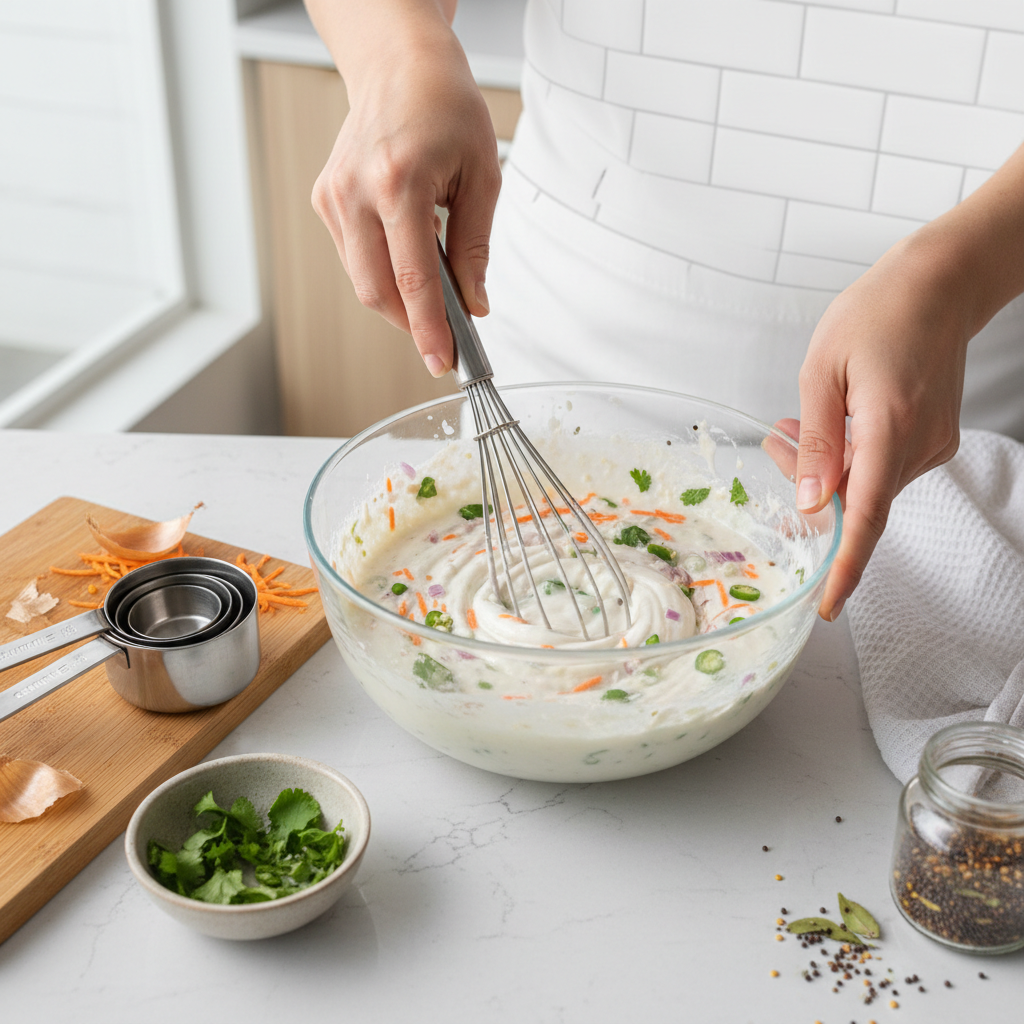 Mixing appe batter with onions and herbs in a bowl