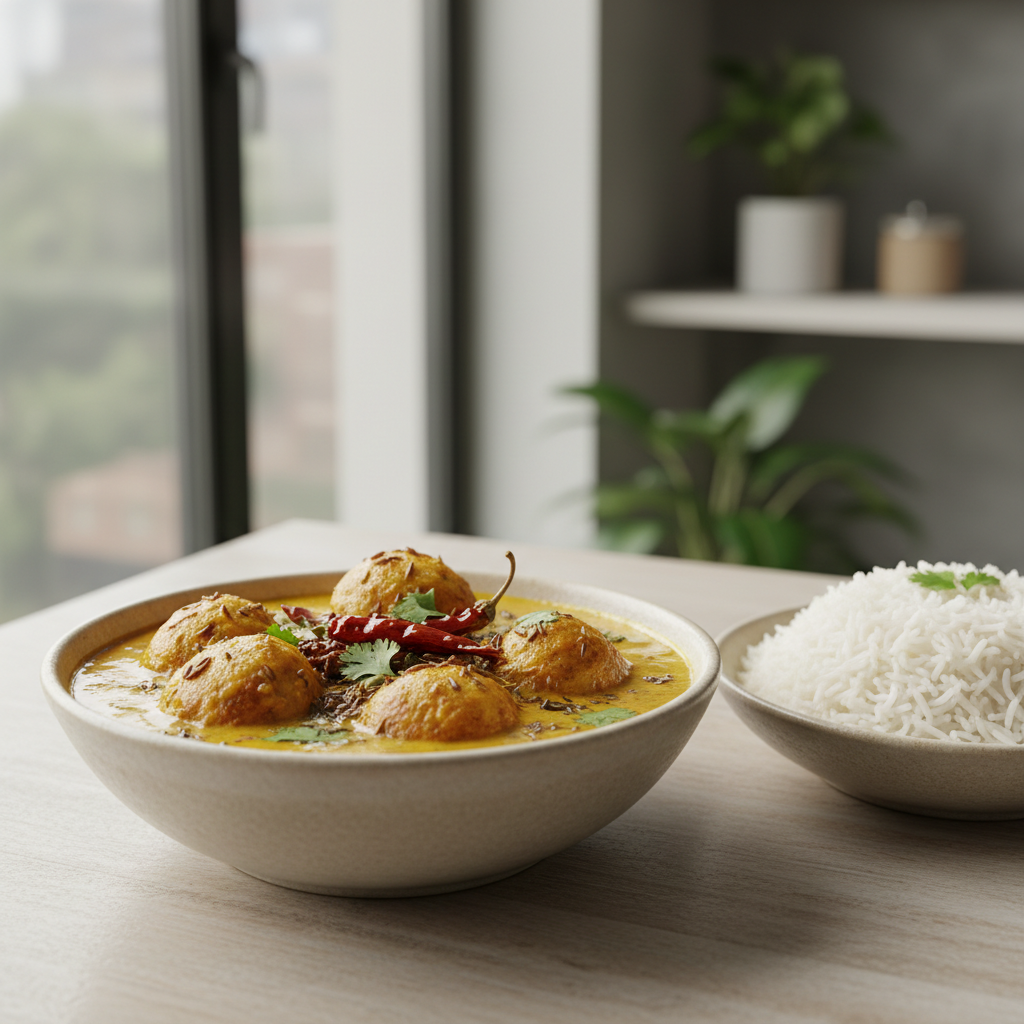 Punjabi kadhi pakora served in a bowl with pakoras and tempering