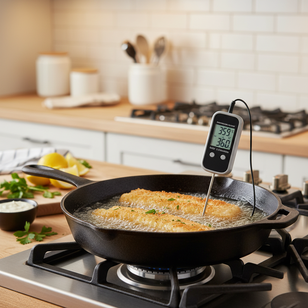 Skillet frying fish with thermometer showing correct oil temperature